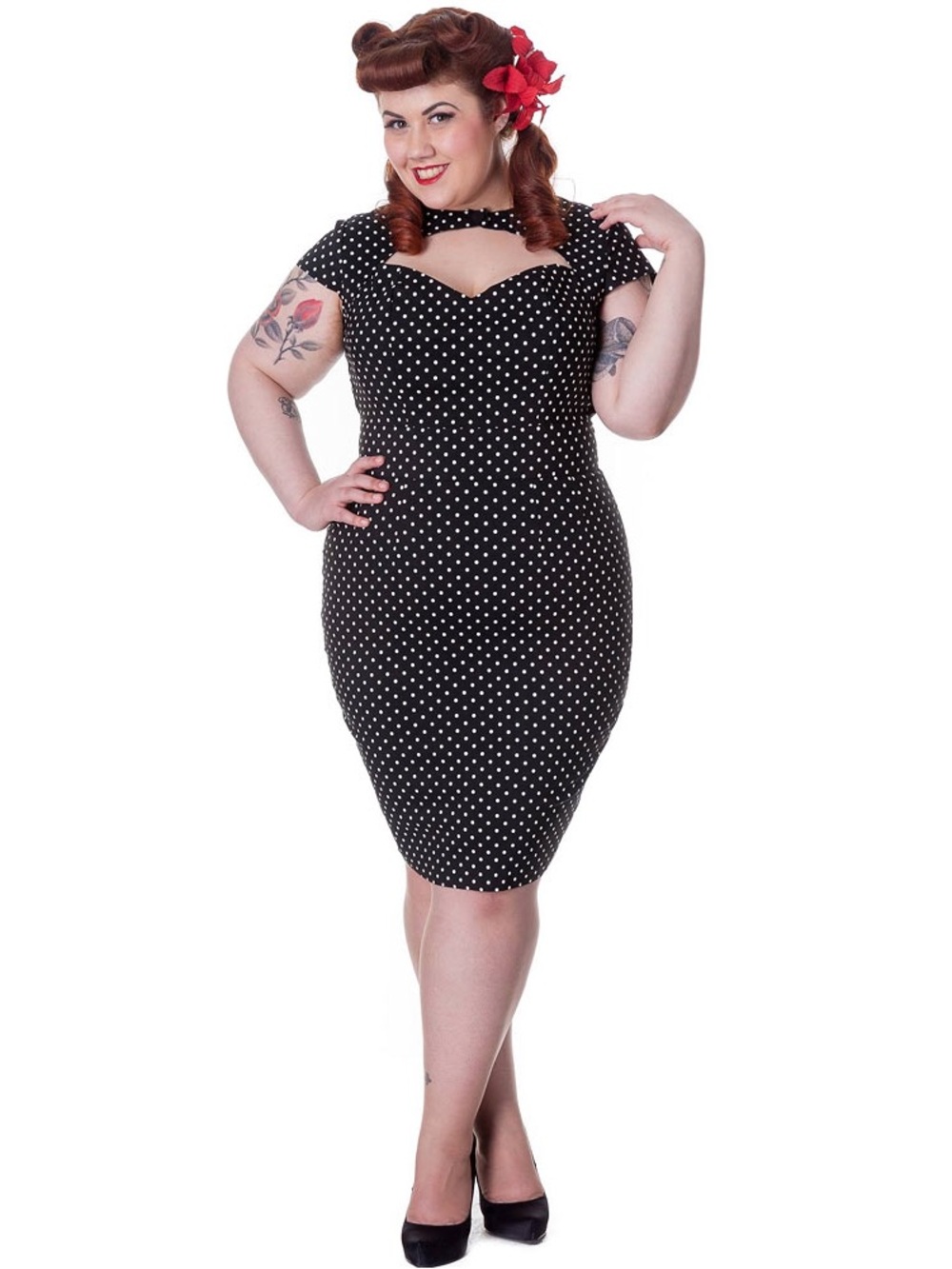Hell Bunny Polka Dot Mod Sheath Dress Pinup Retro Black Vintage Stretch